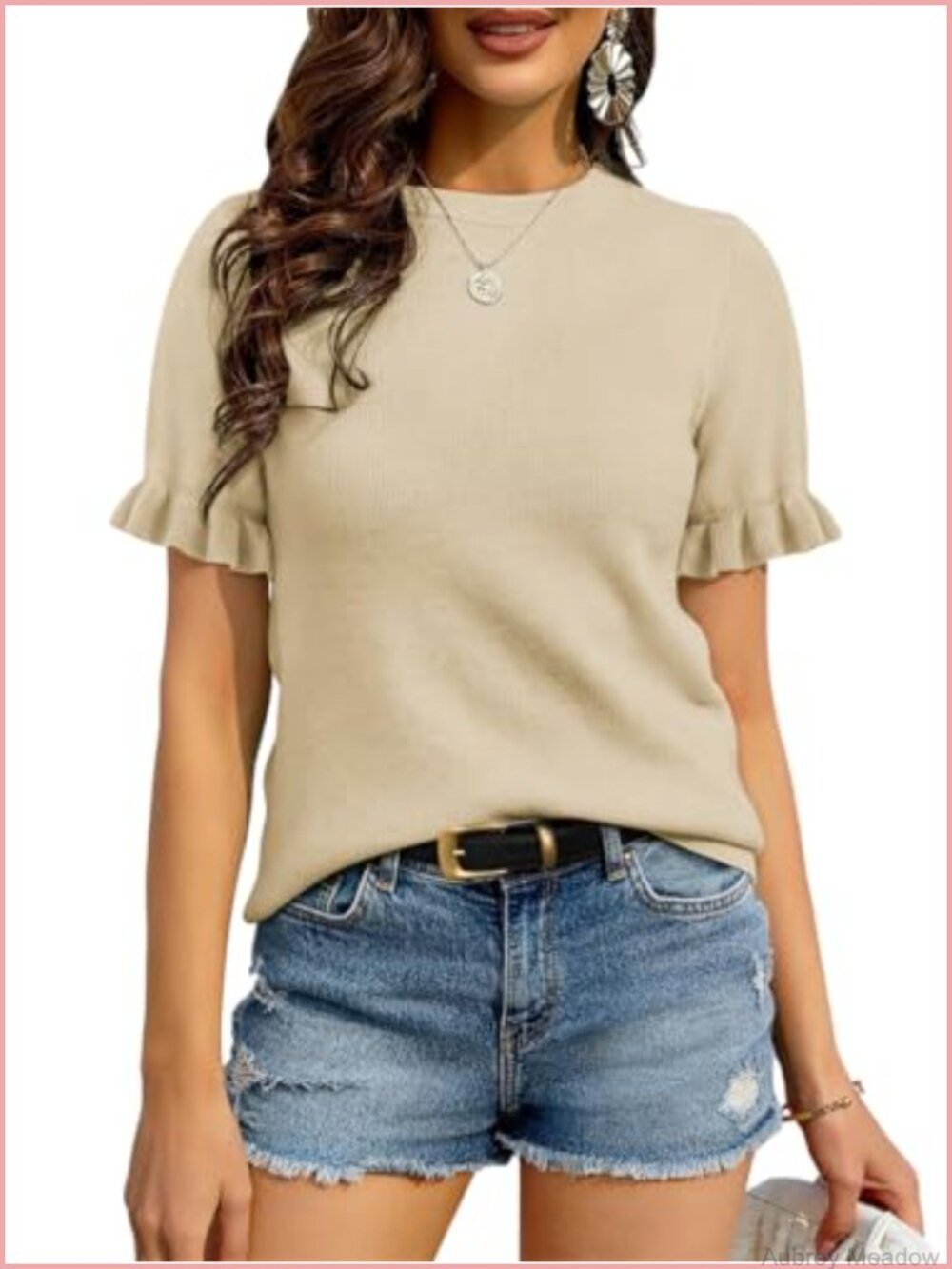 Womens Short Sleeve Ruffle Knit Pullover Sweater Lightweight Ribbed Top